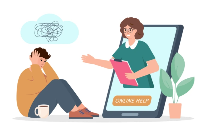 Tekening waarbij het duidelijk gaat om online hulp gesprek 