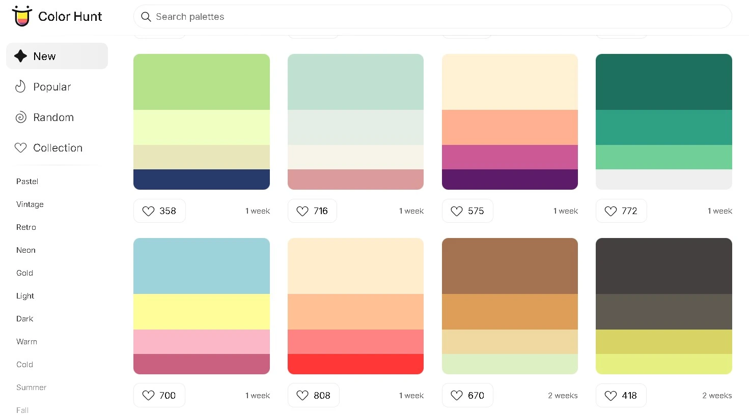 Screenshot van de website ColorHunt