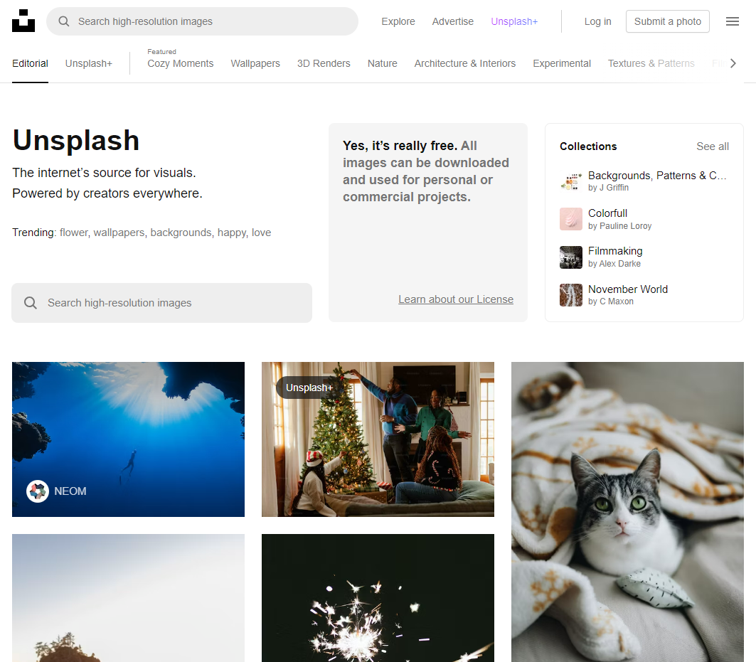 Printscreen met link naar website unsplash