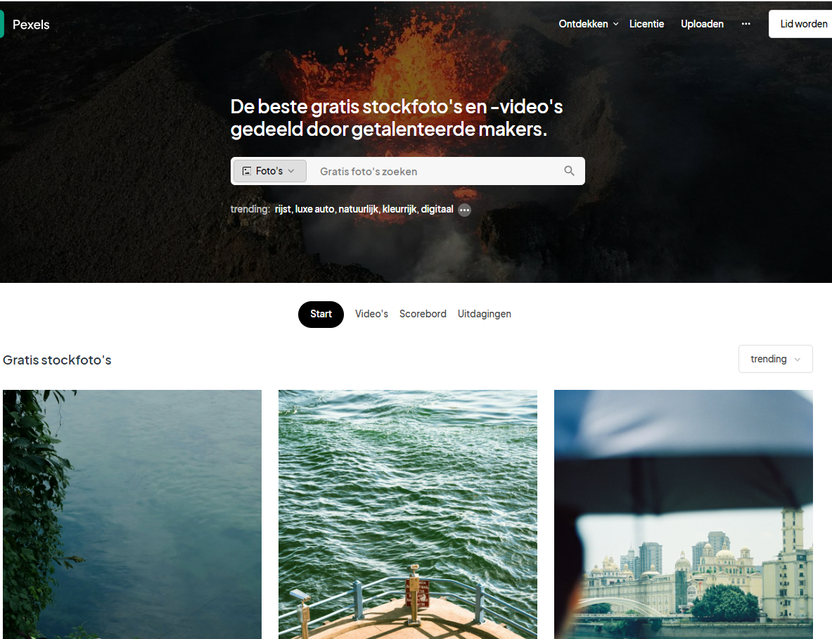 Printscreen met link naar website Pexels